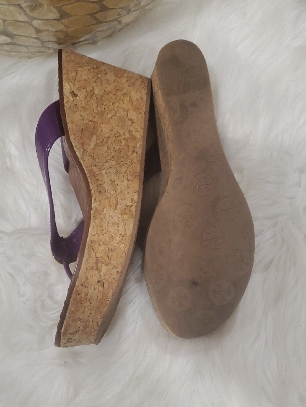 Tory Burch Purple Leather Logo Thong  Wedge Sandals - Picture 11 of 15
